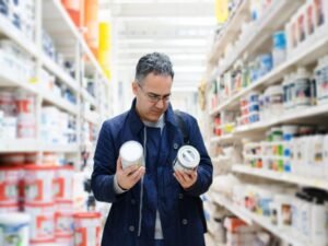 Man comparing paint cans in a store aisle.