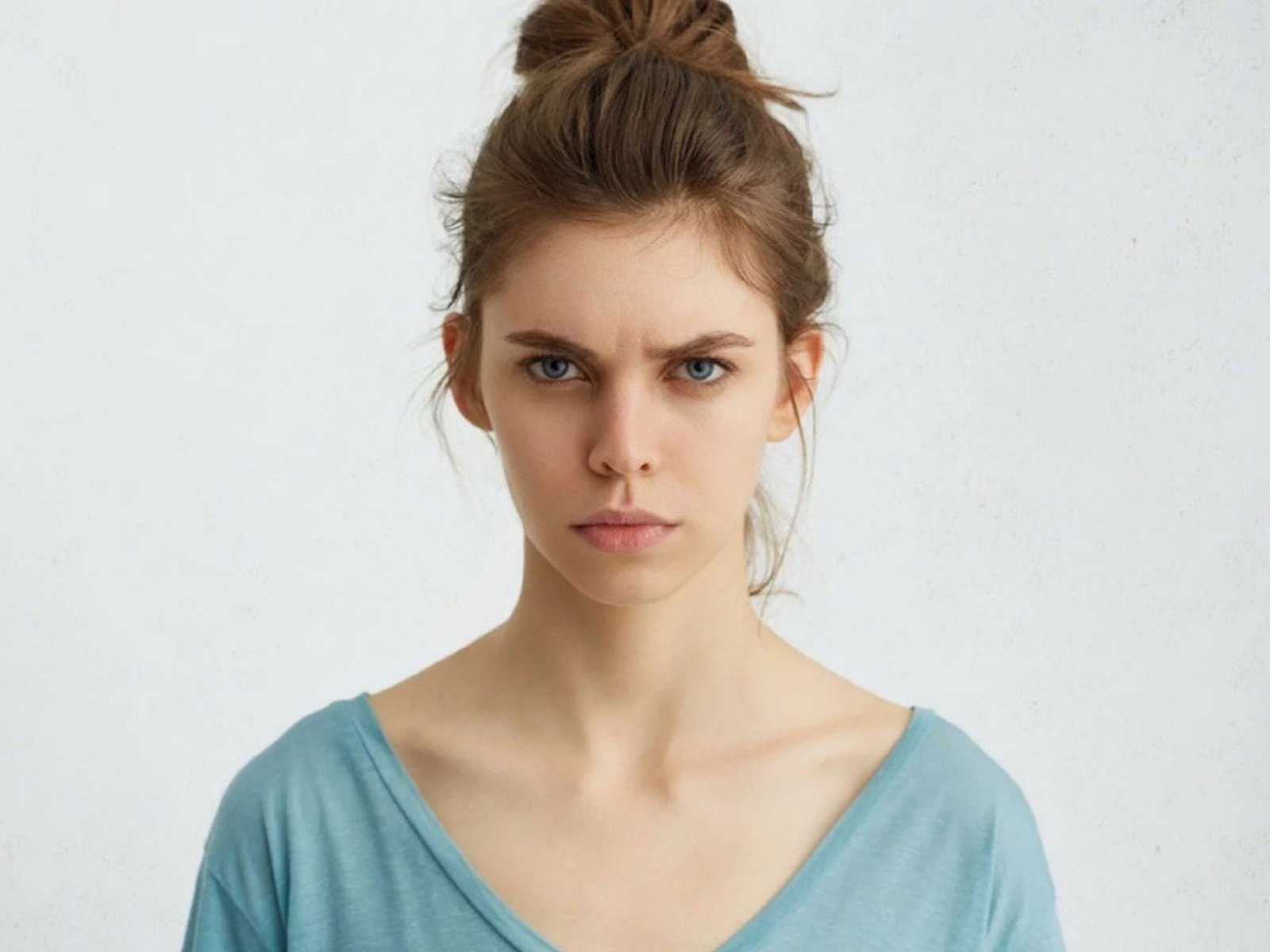 Serious woman with bun, blue shirt.