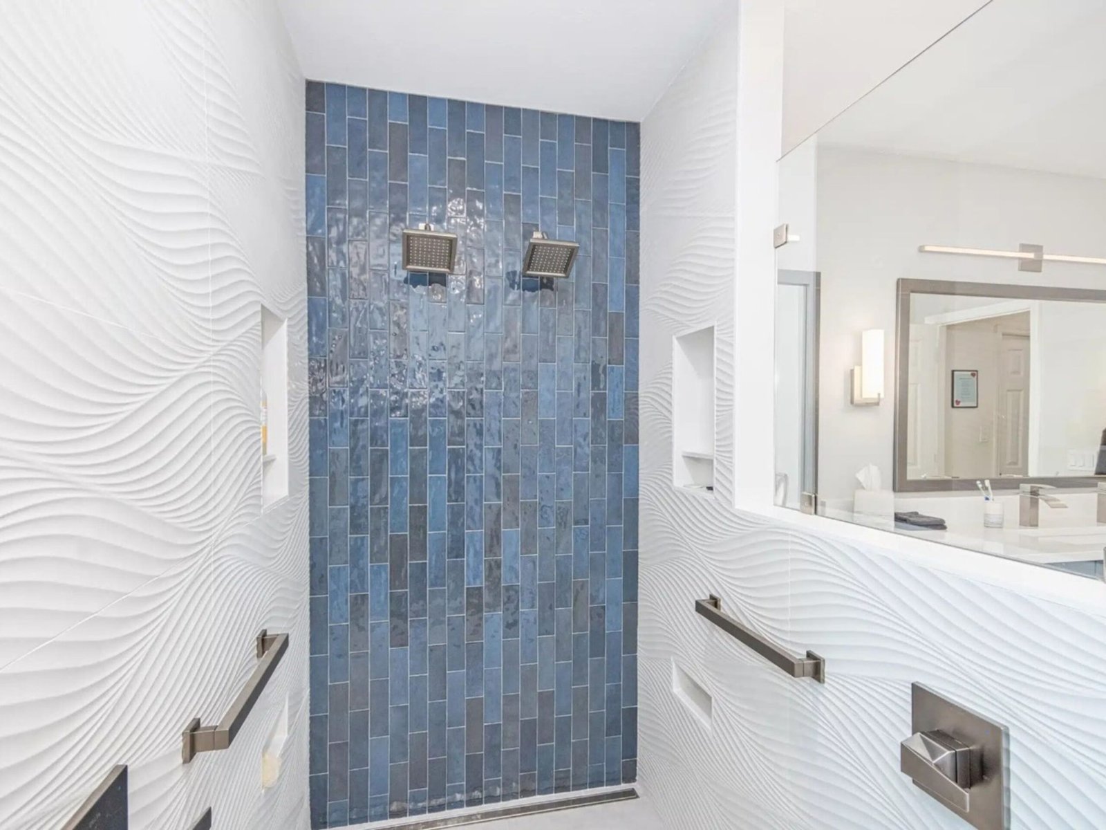 Modern shower with textured walls.