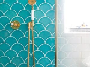 Turquoise scallop tile shower design