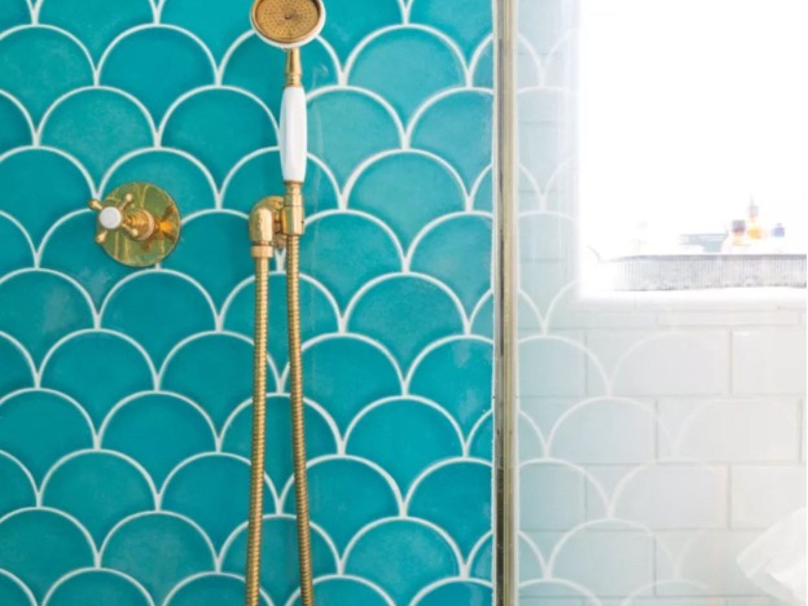 Turquoise scallop tile shower design