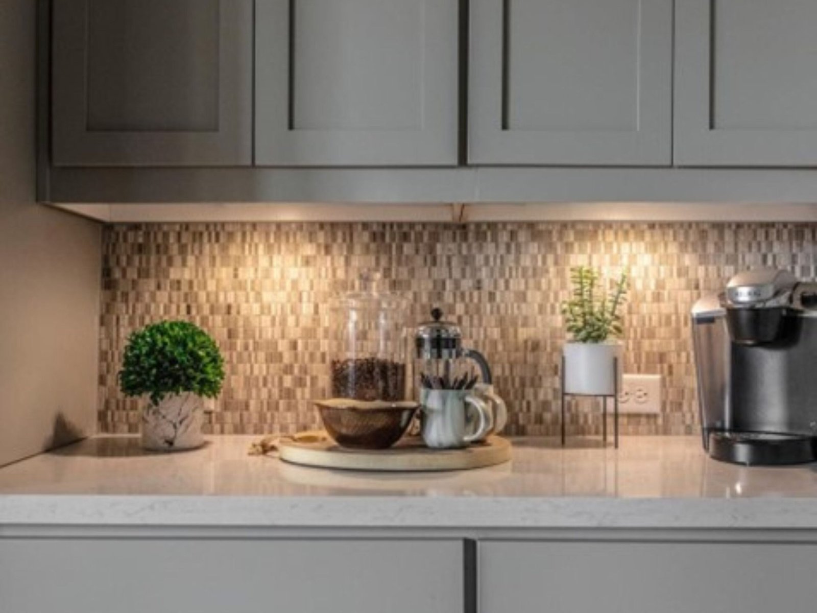 Modern kitchen countertop decor with plants.