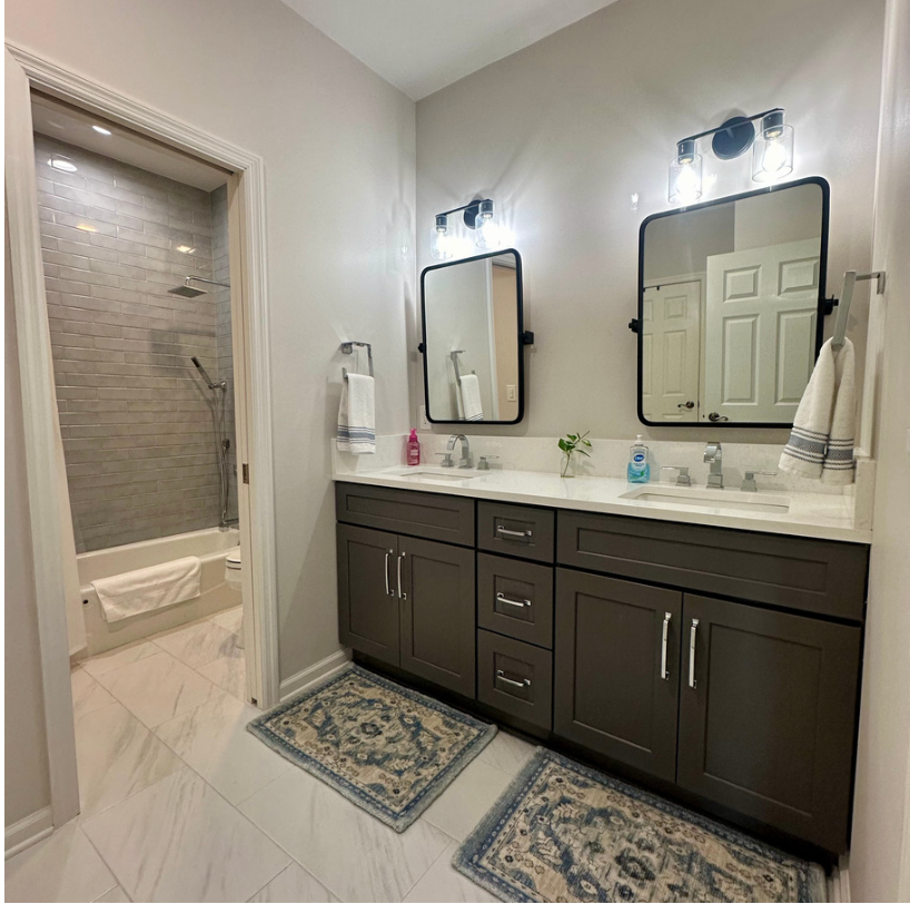 Modern bathroom with double vanity.