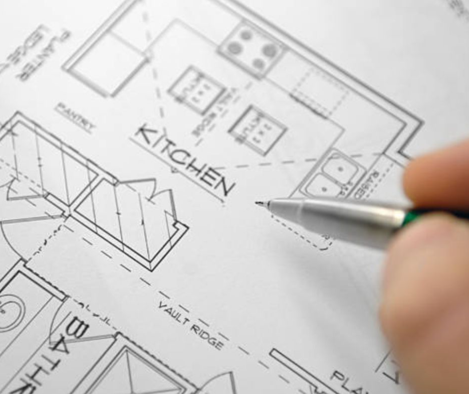 Close-up of kitchen floor plan drawing.