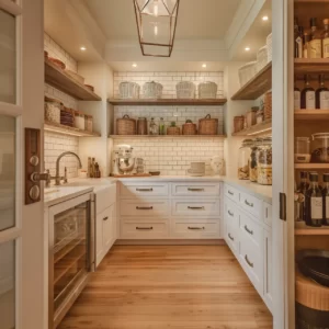 Organized modern pantry with wooden shelves.
