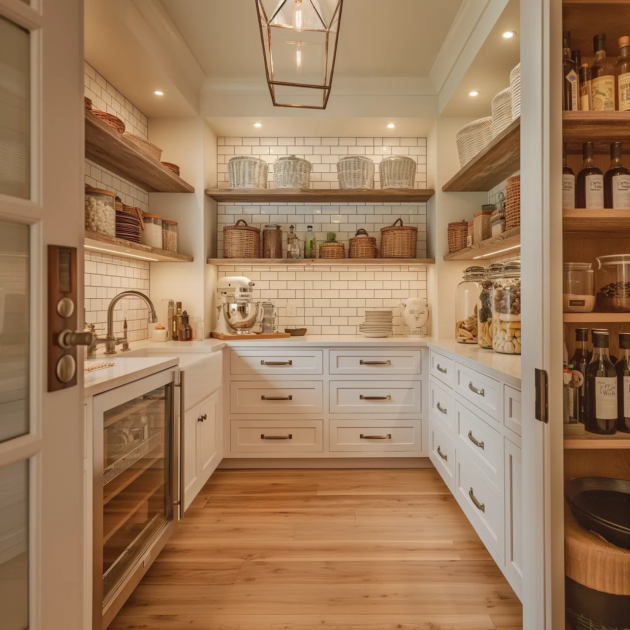 Organized modern pantry with wooden shelves.