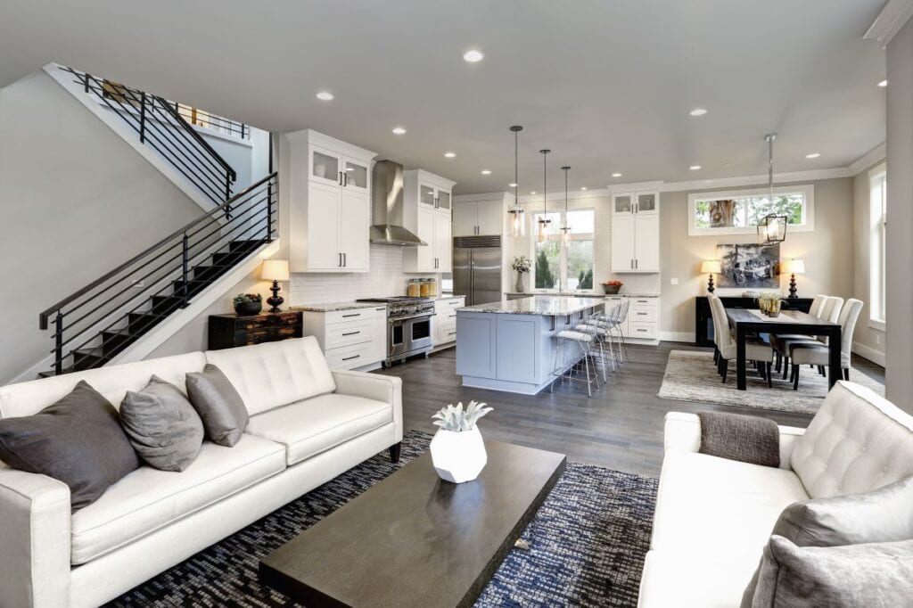 Modern open-concept kitchen and living area.