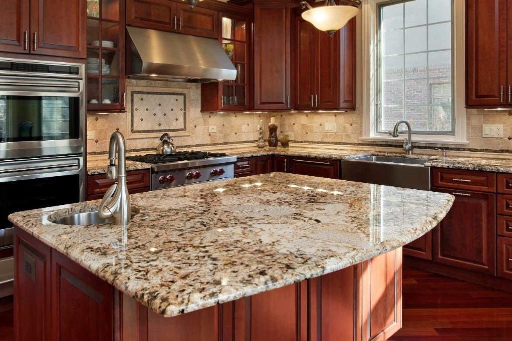 Luxurious kitchen with granite island.
