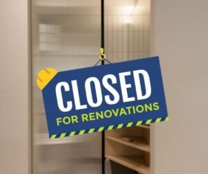 Renovation closure sign on door.