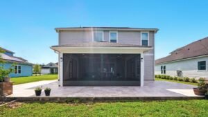 Modern house with a spacious patio.