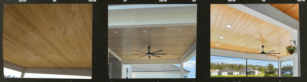 Wooden porch ceiling with ceiling fan.